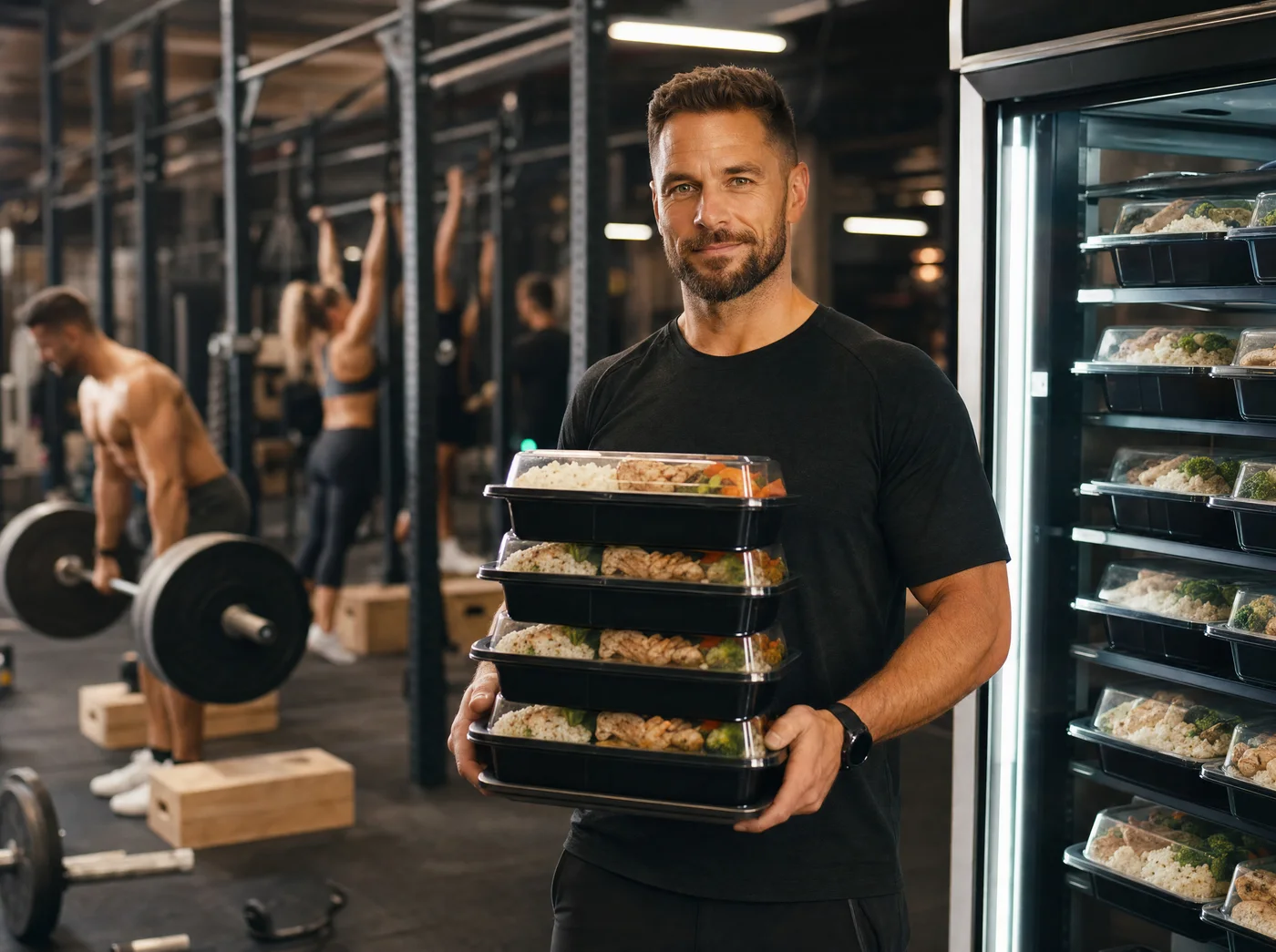 Coach en salle avec des box de plats préparés Protéine Eat — frigo connecté